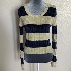 SO Womens Large Green Blue Striped Long Sleeve Velour Top